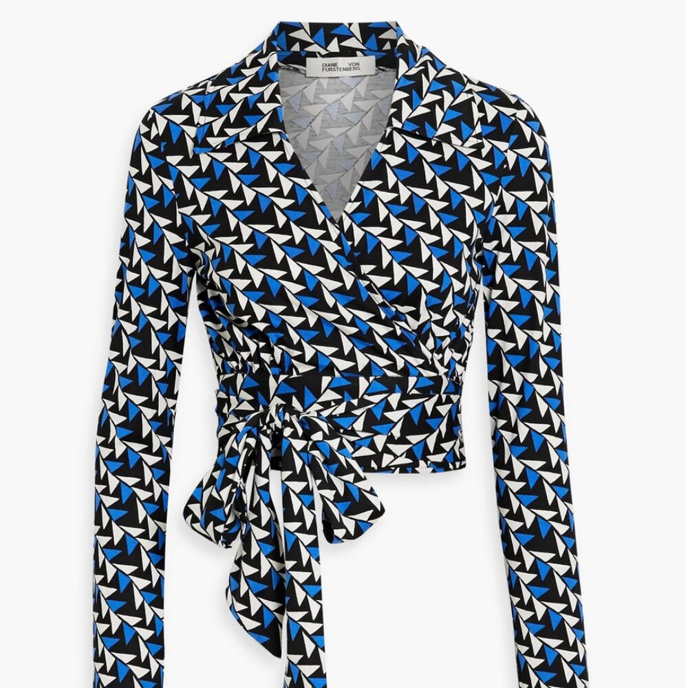 Diane Von Furstenberg Black, White & Blue Geometric Wrap Blouse